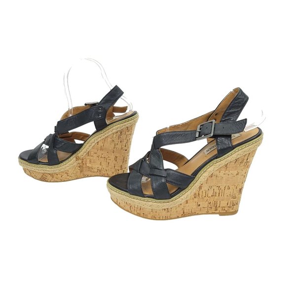 Steve Madden Shoes - Steve Madden Black Cathi Sandals Platform Cork Wedge Heel Shoes Size 7.5 Strappy